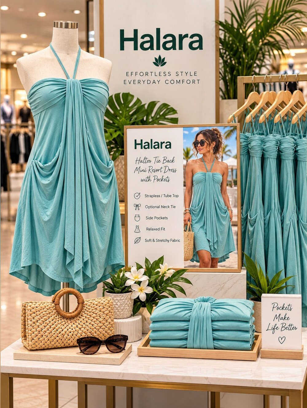 Halara Halter Tie Back Relaxed Mini Dress with Pockets – Size M
